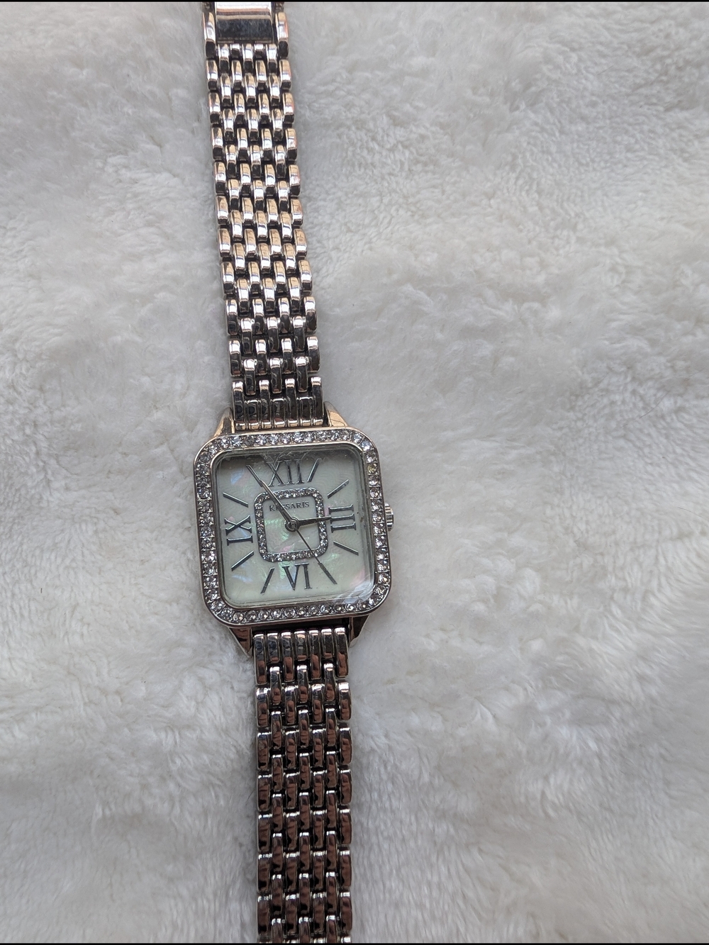 Kessaris Women's Silver Tone Crystal Bezel Mother of Pearl Watch Running